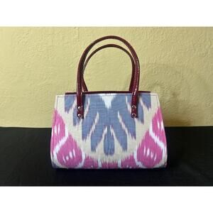 Norfolk Ikat Tote Handbag with Red Vinyl Handles Zippered Satin Interior